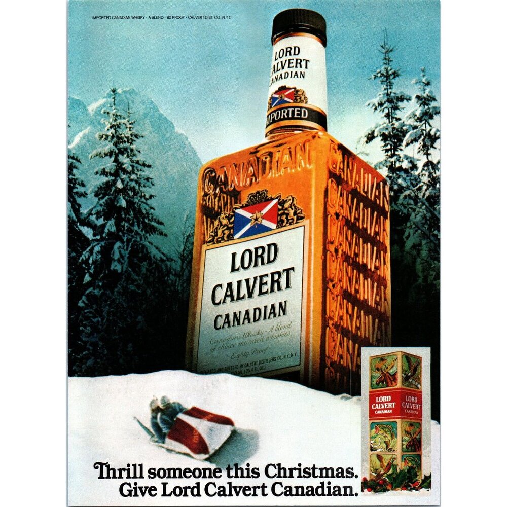 1980 Lord Calvert Canadian Whiskey Vintage Print Ad Winter Bobsled Wall Art 80s